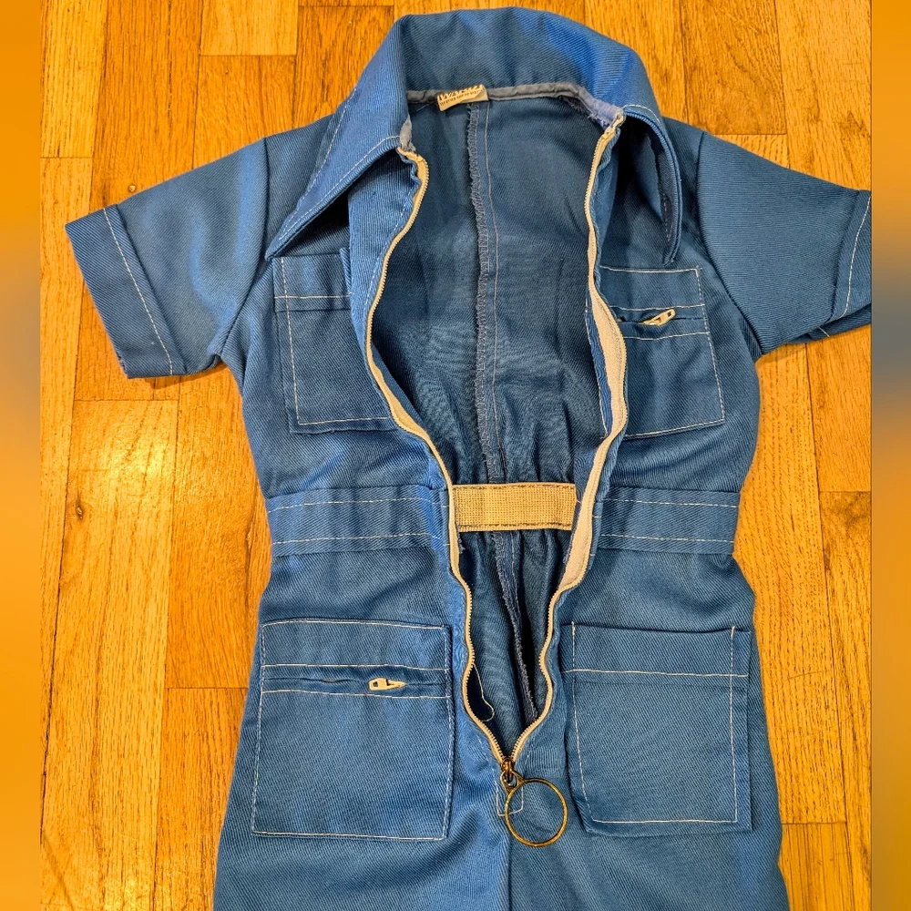 Vintage Jumpsuit Toddler 3T Blue Romper Retro Disco Montgomery Ward Made USA 70s